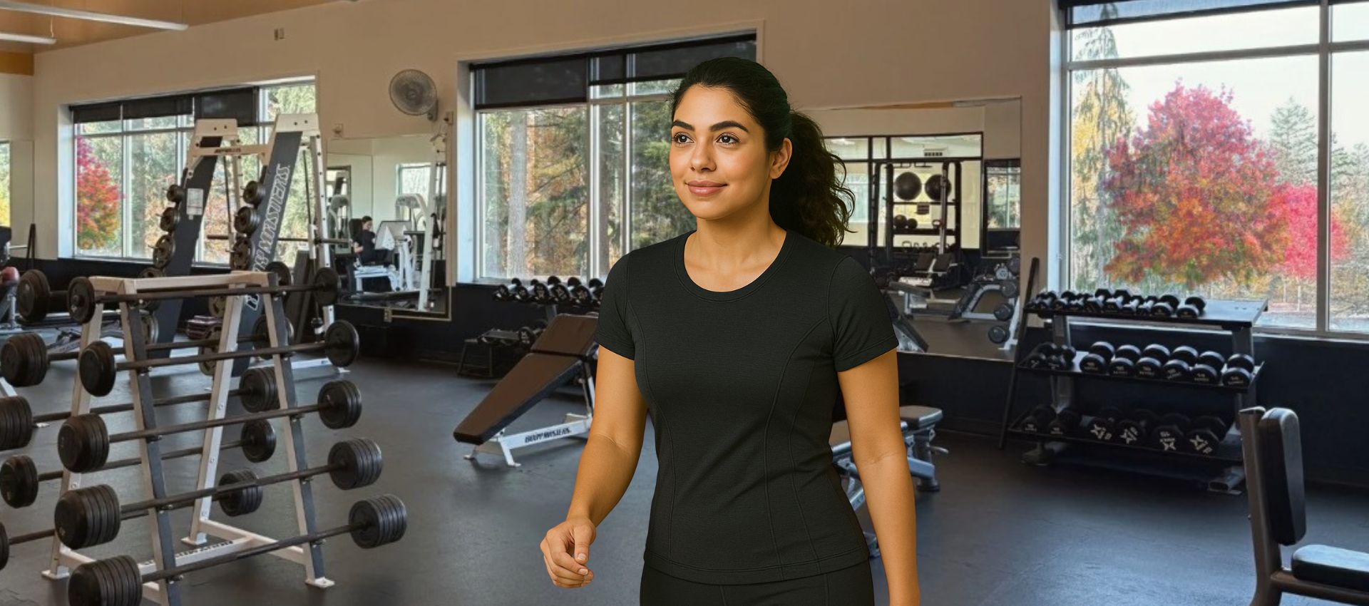 East Indian woman walking inside the bright strength training area at Hawthorn Farm Athletic Club in Hillsboro, Oregon, featured on the Free Pass offer slider.